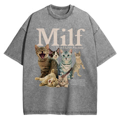 Vintage Washed Cat Print Loose Cotton T-Shirt - Unisex Short Sleeve Tee
