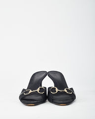 Gucci Black GG Monogram Canvas Open-Toe Gold Horsebit Mule Sandals - 40.5
