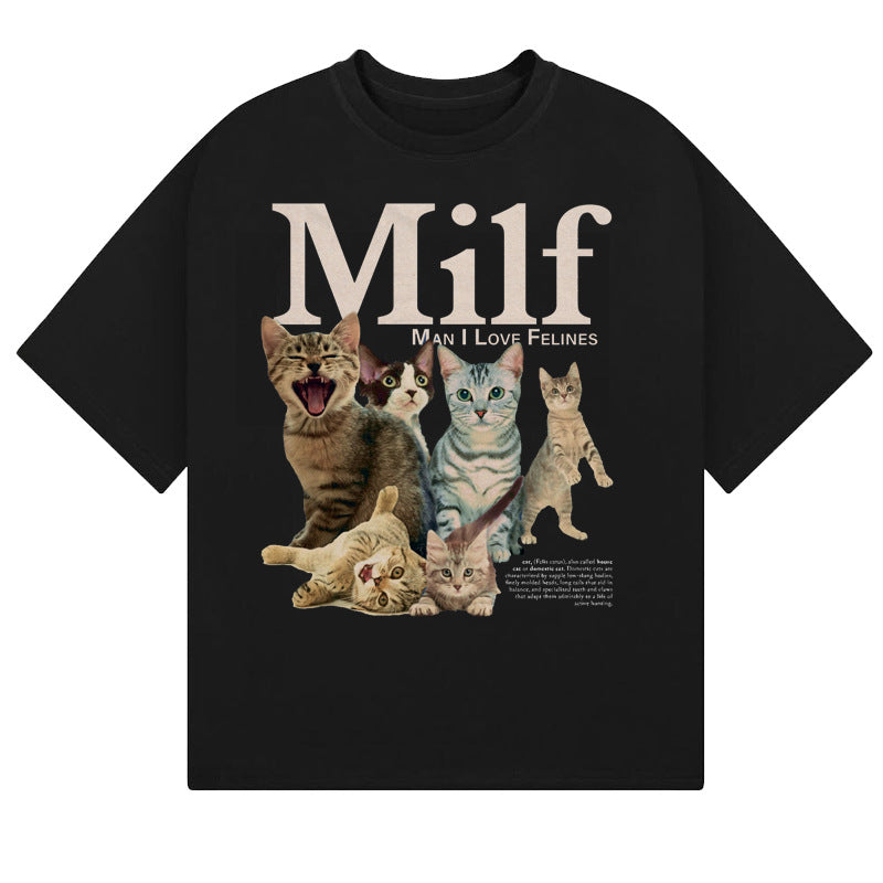 Retro Cat Print Cotton T-Shirt - Loose Fit Unisex Short Sleeve Style