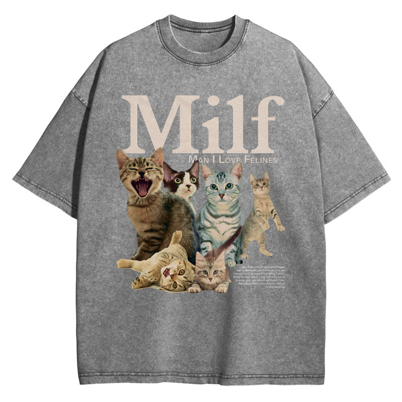 Vintage Washed Cat Print Loose Cotton T-Shirt - Unisex Short Sleeve Tee